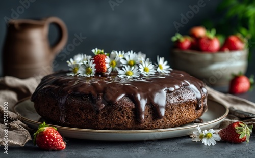 Chocolate Cake Decorated With Fresh Flowers and Strawberries in a Cozy Kitche...