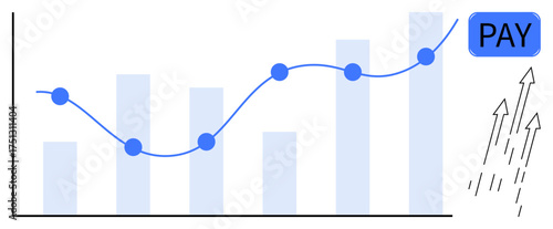 Bar chart and upward line graph with payout symbol and rising arrows. Ideal for finance, salary growth, success, career goals, performance metrics, business progress, simple flat metaphor