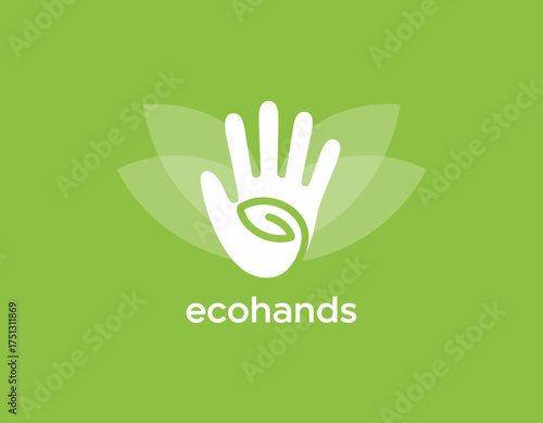 An eco-friendly logo featuring a hand symbolizing care for the environment, integrated with a green leaf design to convey sustainability and environmental awareness.