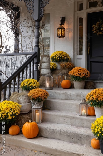 Vibrant Autumn Decor With Pumpkins and Flowers at a Cozy Home Entrance