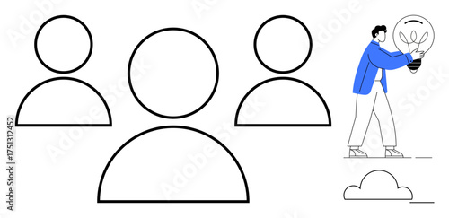 Person carrying light bulb with plant toward abstract group of people, emphasizing teamwork, leadership, innovation, creativity, sustainability, community, brainstorming. Simple flat metaphor