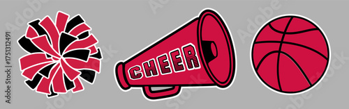 Cheerleader Megaphone with the word CHEER and Red and Black Cheerleader Pom-poms and Basketball. Chicago Cheerleading illustration.