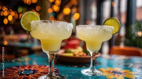 cinco de mayo, two margaritas in a restaurant with mexican food 