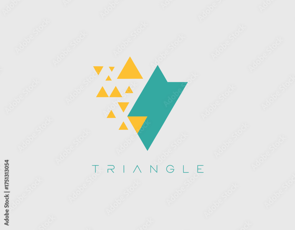 Obraz premium The image showcases a geometric logo composed of colorful triangles, symbolizing balance and structure, suitable for technology and creative industries seeking modern aesthetics.