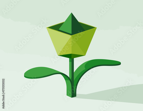 A geometric green flower design with sharp edges and a modern aesthetic, showcasing the simplicity and beauty of nature through abstract art in three-dimensional form.