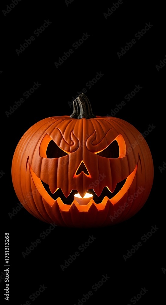 Fototapeta premium Illuminated Jack-o-Lantern - A Spooky Halloween Pumpkin with Glowing Face.