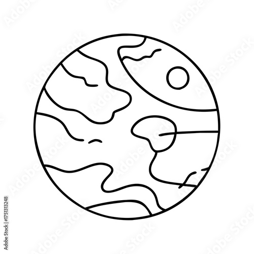 Vector art of stylized outline of a planet with abstract landmasses and a small moon or crater