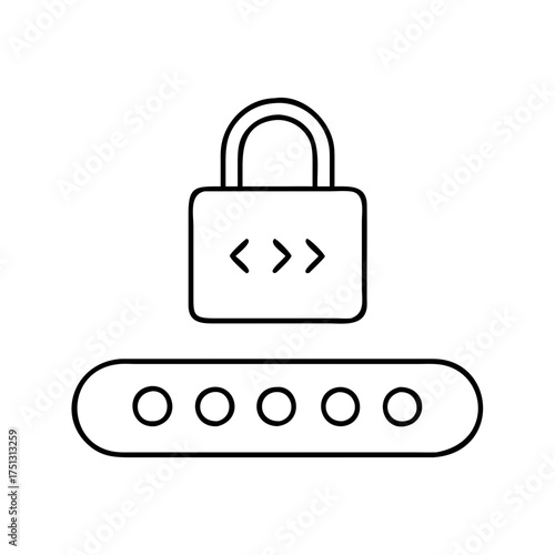 Vector art of padlock icon with code symbols on it, placed above a password input field with circles, symbolizing secure coding and data encryption