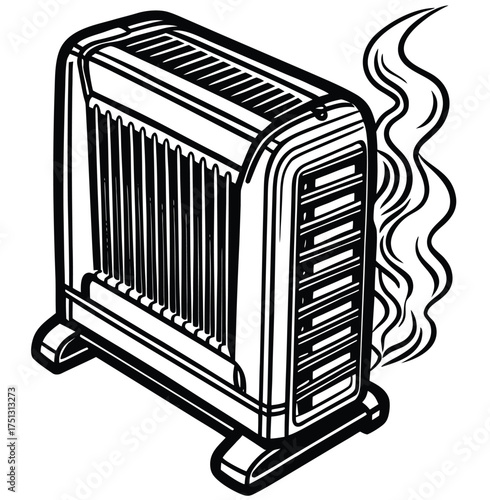 A classic portable electric space heater shown in a monochrome line art vector illustration style, with stylized heat waves indicating warmth