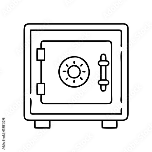 Vector art of a simple black and white line drawing of a safe, the safe has a dial lock and a handle, representing security and protection