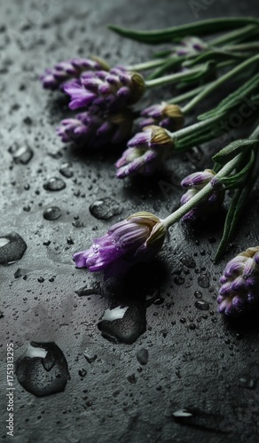 Fresh Lavender Flowers Resting on a Dark Surface With Water Droplets