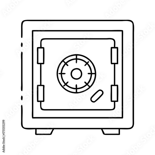 Vector art of a minimalist black and white line art illustration of a safe with a dial lock and handle, presented in a simple, clean style, isolated on a, symbolizing safety and value