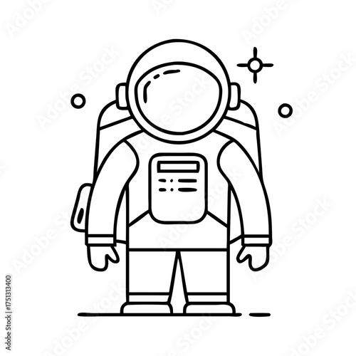 Vector art of a simple line art illustration of an astronaut in a spacesuit, floating in space with stars, representing space travel and human exploration