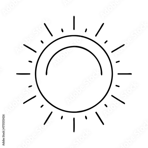 Vector art of a minimalist black and white line drawing of the sun with rays, isolated on a, symbolizing warmth, energy, daylight, and a bright future