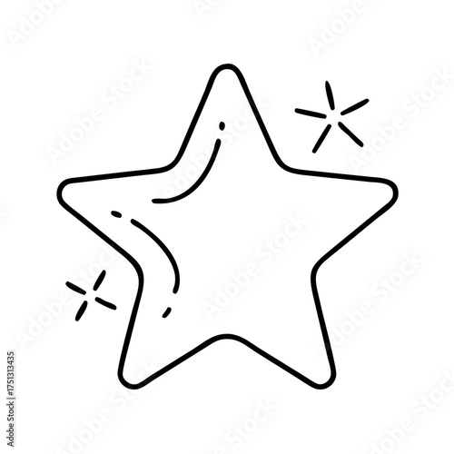 Vector art of a simple black and white line drawing of a star with sparkles, isolated on a, representing excellence, achievement, and a positive rating