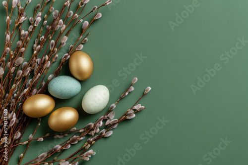 Colorful Easter Eggs Arranged With Willow Branches on a Green Background
