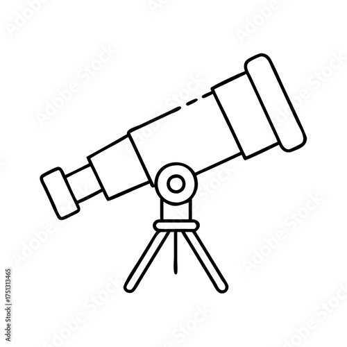 Vector art of a simple black and white line drawing of a telescope on a tripod, isolated on a, representing exploration and observation of the cosmos