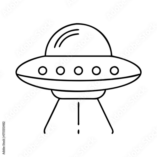 Vector art of a simple black and white line drawing of a flying saucer or ufo with three legs, isolated on a, representing alien visitors and interstellar travel