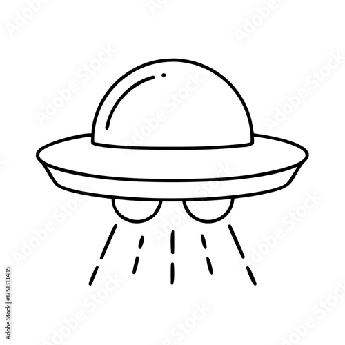 Vector art of a simple, handdrawn line art illustration of a classic flying saucer ufo with lights beaming down, isolated on a, representing alien spacecraft and extraterrestrial themes