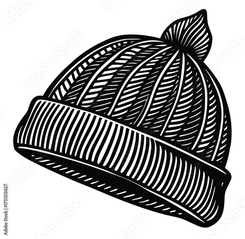A black and white woodcut-style illustration of a knitted beanie hat, perfect for winter wear or outdoor activities, showcasing a classic design with ribbed texture and a pom-pom on top