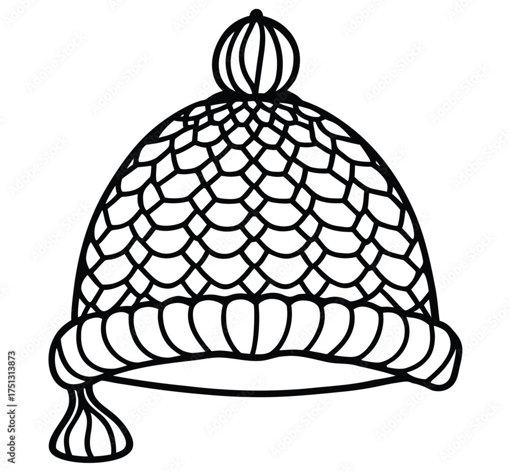 Fototapeta premium A black and white outline illustration of a knitted winter hat with a pom-pom on top and a tassel hanging from the side, perfect for winter activities and cold weather protection