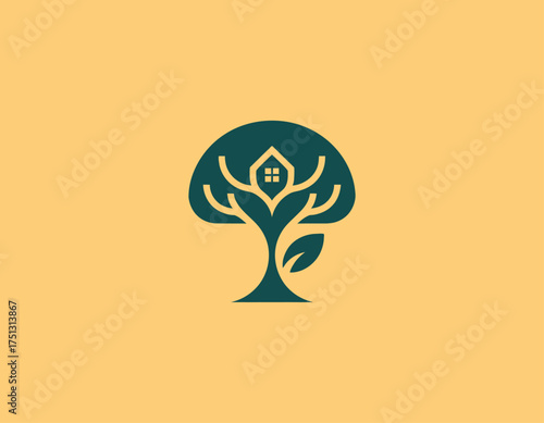 This creative logo displays a tree with a house, symbolizing the harmony between nature and home, perfect for eco-friendly or sustainable living brands.