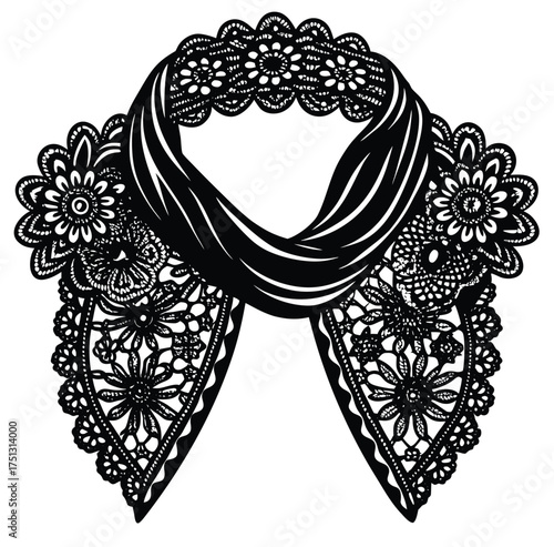 Elegant black lace collar and scarf combination, beautifully illustrated with intricate floral and ornate patterns, embodying vintage fashion and refined accessory design for sophisticated style