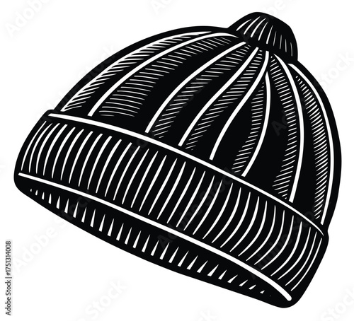 A detailed black and white illustration of a classic merino wool winter hat, depicted in a retro woodcut or engraving style. This cozy knitted beanie cap is isolated on a white background