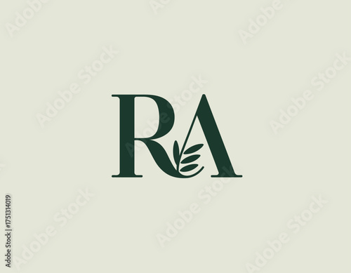 This green RA logo incorporates a leaf element, representing nature and growth, perfect for eco-friendly brands and businesses focused on sustainability.