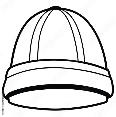 Simple black and white line art illustration of a docker cap. Vector graphic of a brimless beanie hat with a rolled cuff, isolated on a white background. Minimalist icon for fashion and clothing