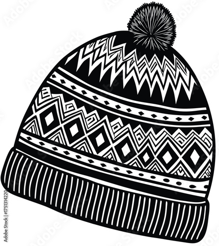 A stylish oversized winter beanie cap with a large pompom, showcasing a complex geometric and zigzag folk pattern. This is a black and white vector graphic illustration isolated on a white background