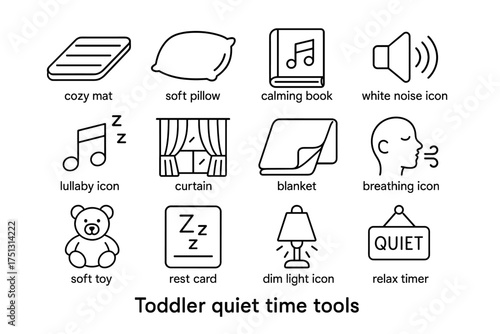 Essential tools for toddler quiet time: mat, pillow, blanket, book, toy, icons