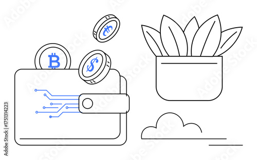 Digital wallet releasing cryptocurrency coins near minimalist plant. Ideal for finance, investment, blockchain innovation, digital currency, savings growth, fintech, eco-business concepts. Simple
