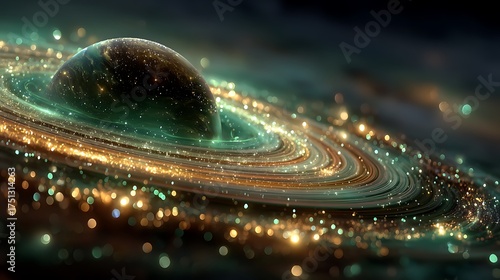 Glowing planet with rings shining across stars high resolution picture