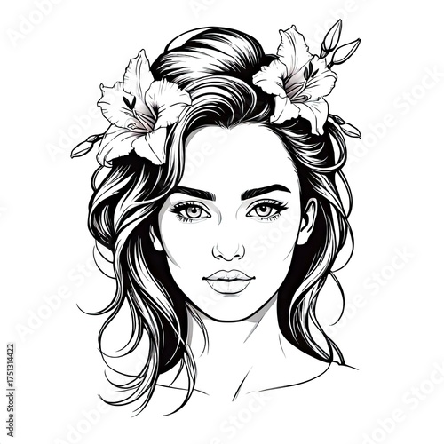 A and illustration of a woman with flowers in her hair