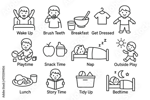 Daily routine icons of a young caucasian male child's activities from wake up to bedtime