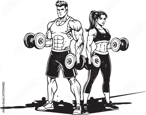 Strong Man and Woman Workout – Gym Fitness Partner Vector Art on White Background