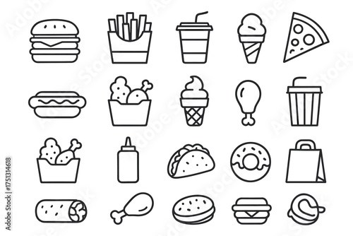 Icon set of popular fast food items including burgers, pizza, and beverages