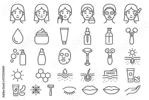 Skincare routine icons: cleanser, serum, cream, mask, facial tools