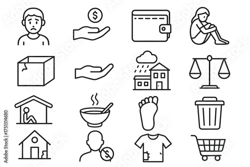Line art: poverty and homelessness icons featuring men, women, and children