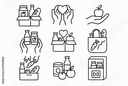 Line art icons of food donations and grocery items with hands and hearts