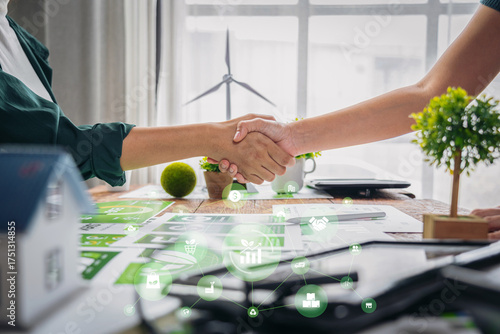 Business partners shake hands sustainable environmental initiatives agreement driving green future growth