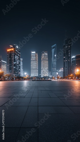 Night Cityscape View of Skyscrapers With Bright Lights in a Modern Urban Area