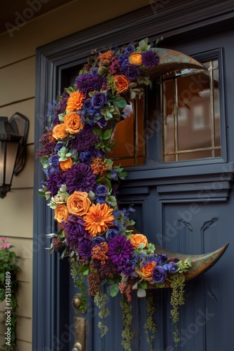 Beautiful Floral Crescent Moon Decoration on a Blue Front Door During Autumn