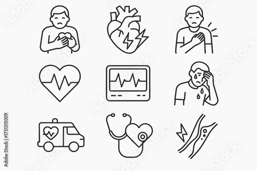 Heart attack symptoms and treatment icons set