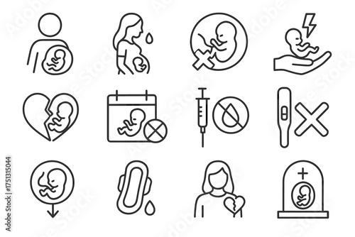 Black and white icons of pregnancy, abortion, and miscarriage concepts