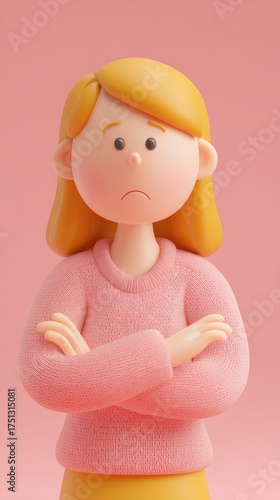 Upset woman with crossed arms, cartoon style, pink background.