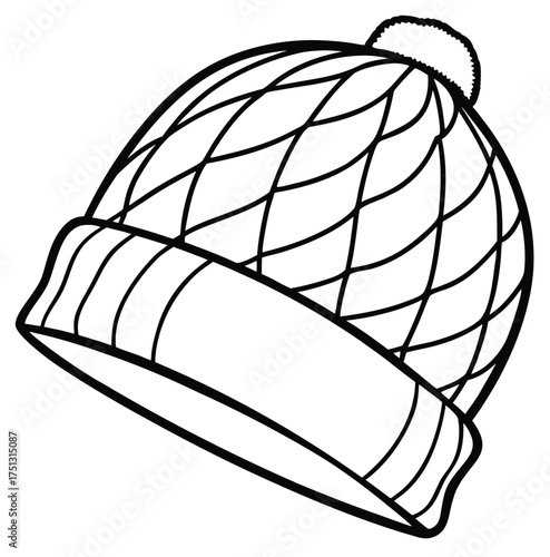 A detailed, simple, black and white illustration of a knit hat, perfect for coloring pages, apparel design, and winter-themed projects