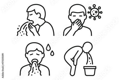 Line art of sick individuals spitting and coughing with virus symbol