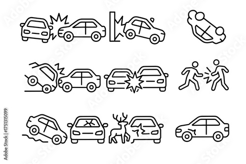 Car accident icons: collisions, crashes, and emergency situations